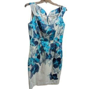 T TAHARI White & Blue Floral Dress Size 10 Scalloped V Neckline Fully Lined